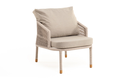 "Верона" кресло плетеное из роупа, каркас алюминий белый муар, роуп бежевый круглый, ткань бежевая 052