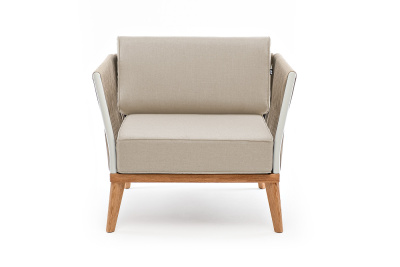 "Касабланка" кресло плетеное из роупа, основание дуб, каркас алюминий светло-серый (RAL7035) муар, роуп серо-коричневый 23мм, ткань бежевая 052